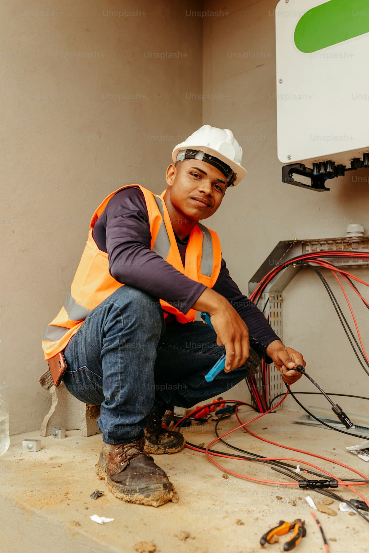 Electrician terminating conductors overhead
